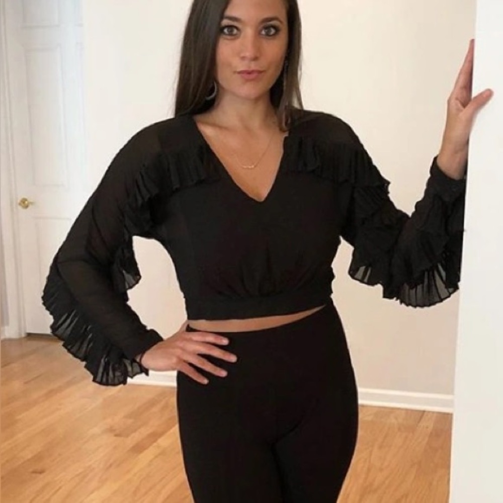 INA Black Long Sleeve Sheer Ruffled Top - Size Medium